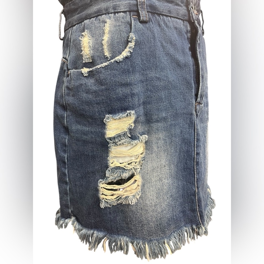Hayden LA Paperbag Waist Distressed Denim Mini Skirt Size L Boho Festival - Picture 7 of 13